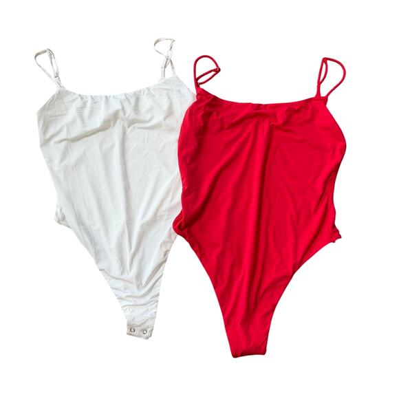hyz Tops - HYZ Thong Bodysuit Lot of 2 Smooth Lined Stretch Small Red White Tank TikTok
